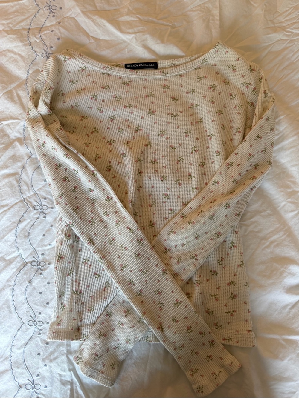 Brandy Melville Cream Waffle-Knit Floral Long Sleeve Top